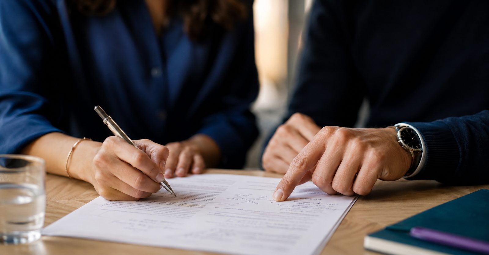 Deux personnes examinant un document de formation autour d’une table, l’une annotant le dossier, l’autre désignant un schéma