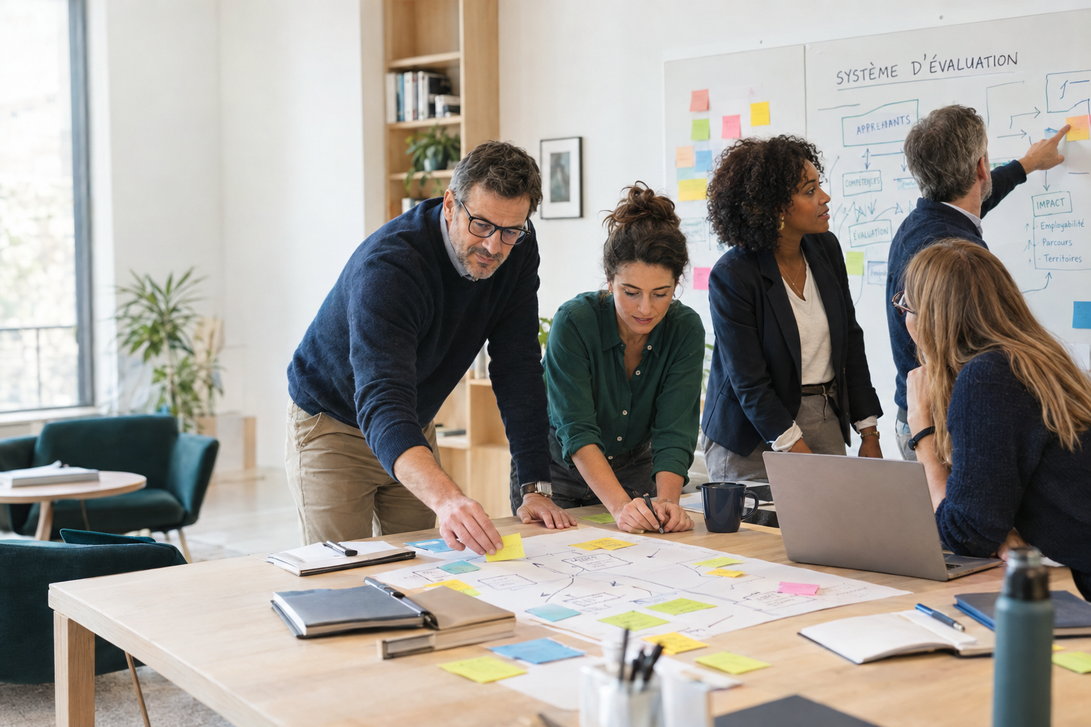 Une équipe pédagogique cartographie collectivement son système d'évaluation autour d'une table de travail