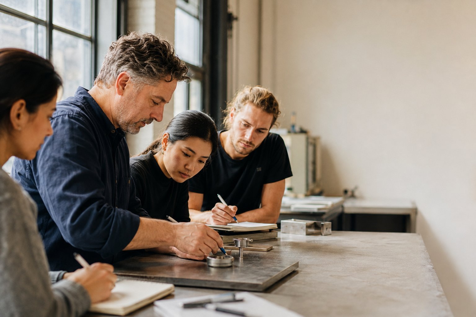 Un formateur expérimenté accompagne des apprenants adultes autour d'un poste de travail technique
