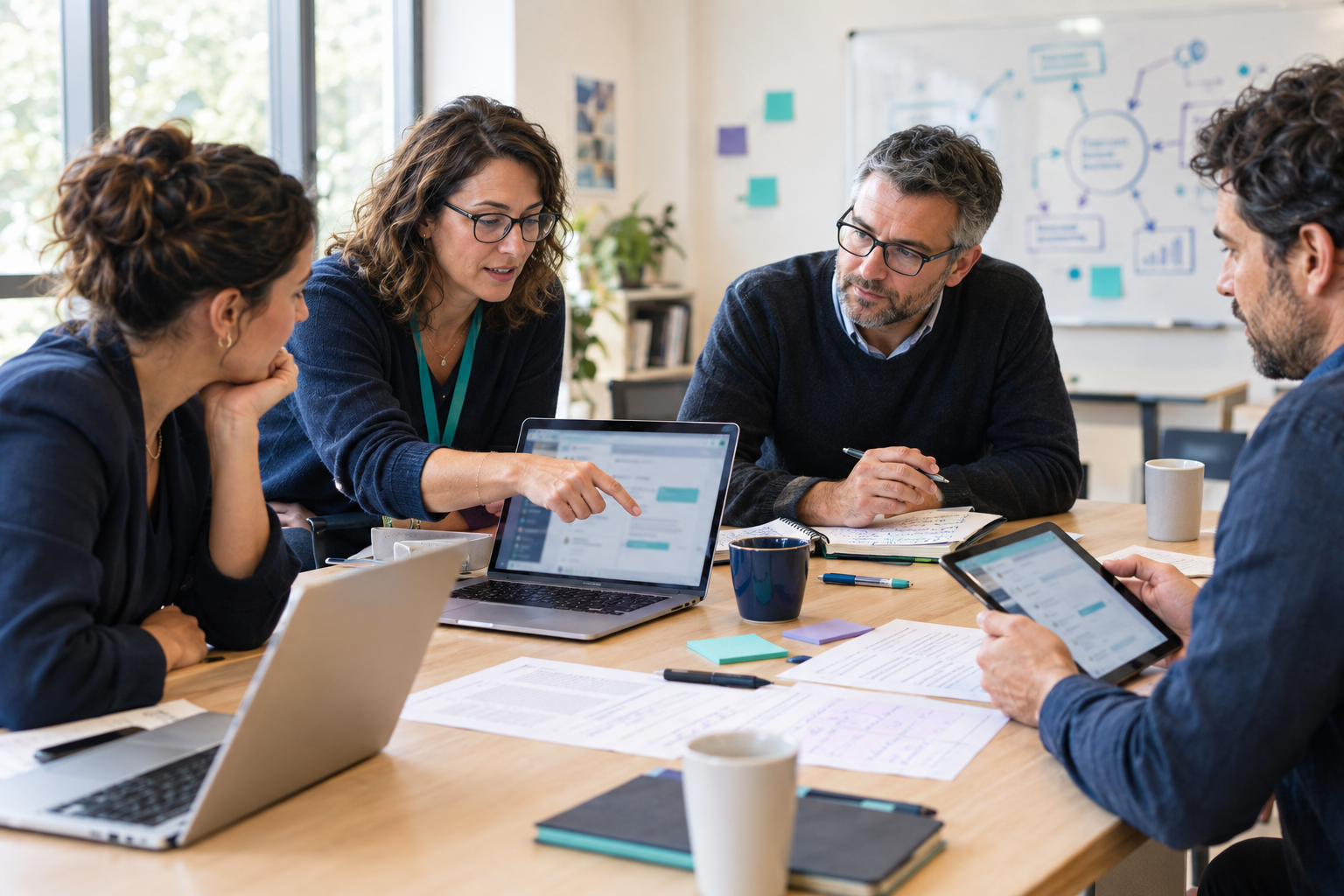 Une équipe de formateurs expérimente des outils d’IA générative lors d’un atelier de travail