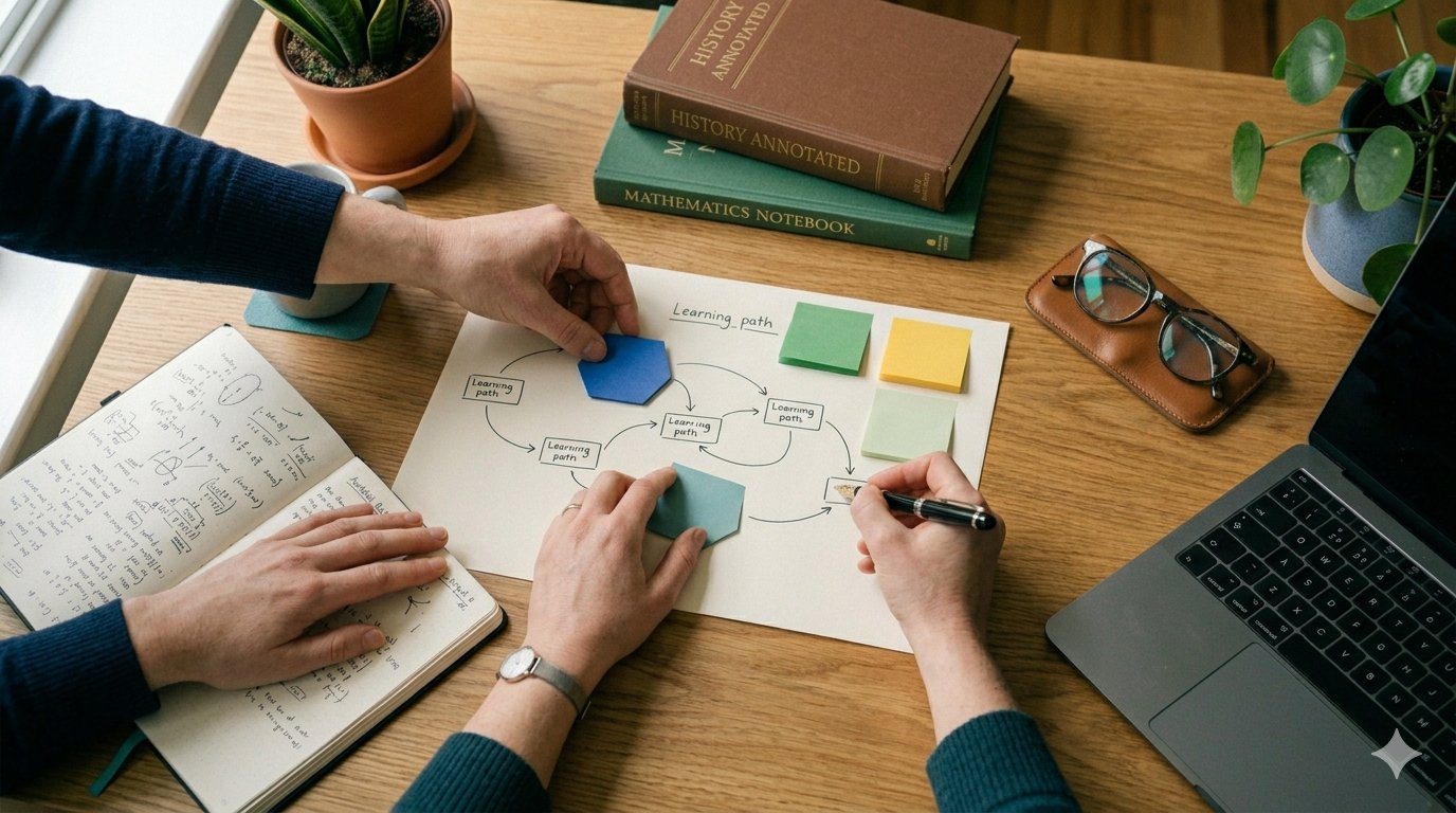 Conception d'un parcours de formation : mains organisant des post-it et traçant un schéma de learning path sur une table en bois